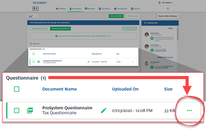 Select the Questionnaire document's menu