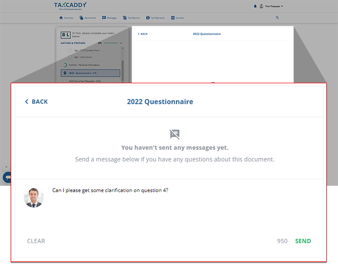 Enter your message to your tax professional then select SEND