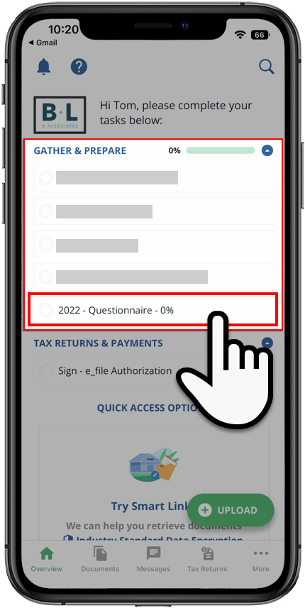 Select the Questionnaire task from the Task List