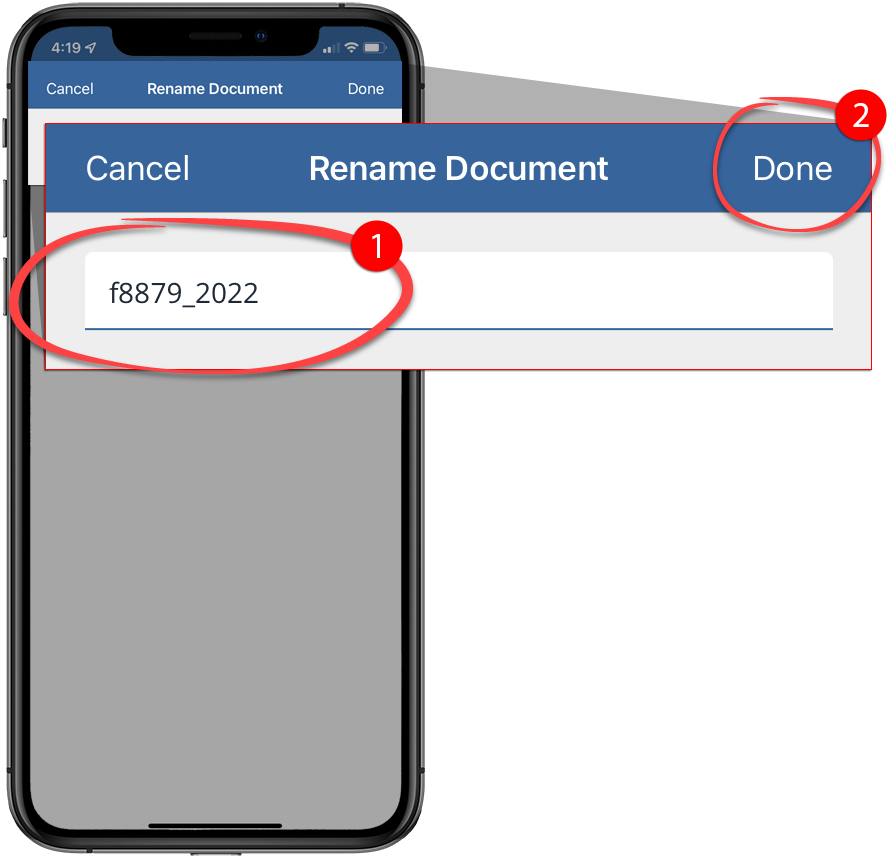 Enter the document's new name then select Done