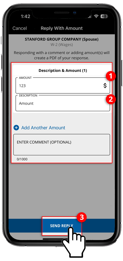 Enter the Amount and Description info then select SEND REPLY