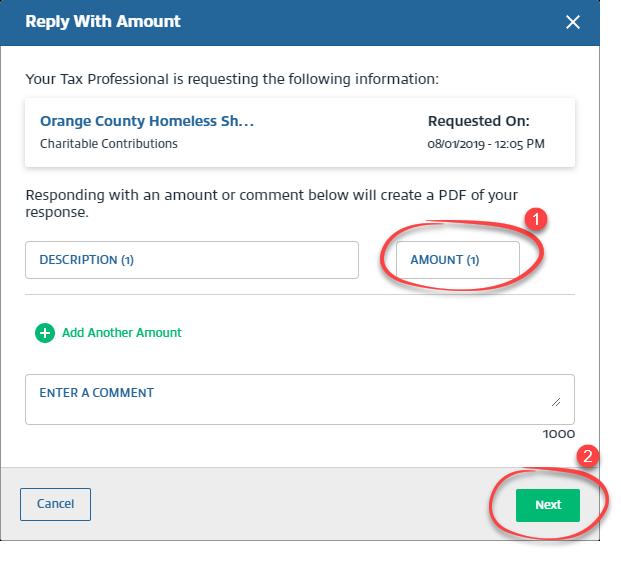 Reply with Amount window