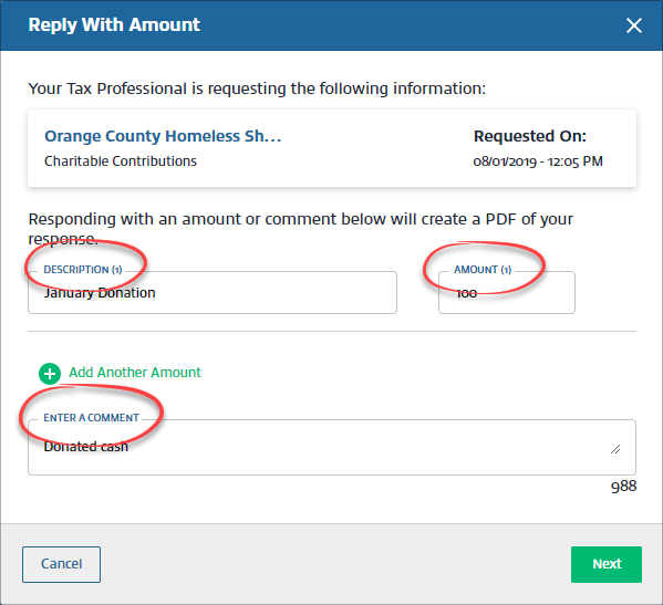 Enter your description, amount, and comment for the payment