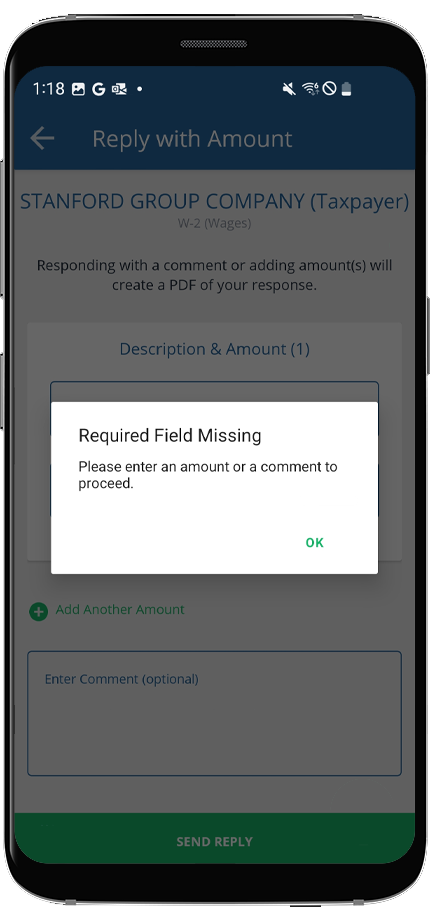 Required Field Missing window