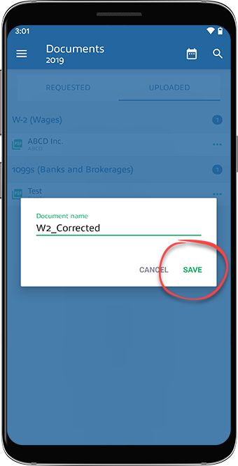 Enter the document's new name then select SAVE