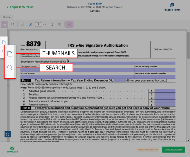 Document viewer with the side panel labeled