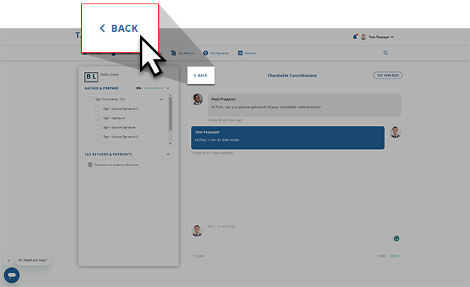 Select BACK to return to other message threads