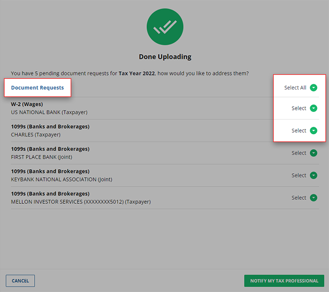 Select the Select dropdown to indicate how you'd like to address pending requests