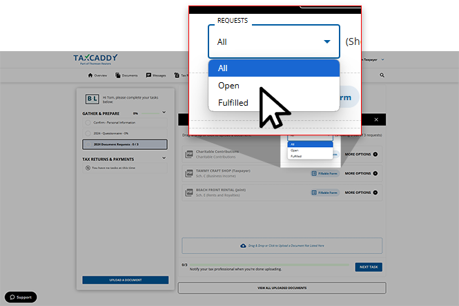 Select from the REQUESTS dropdown