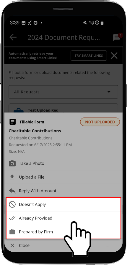 Select an action from the request menu