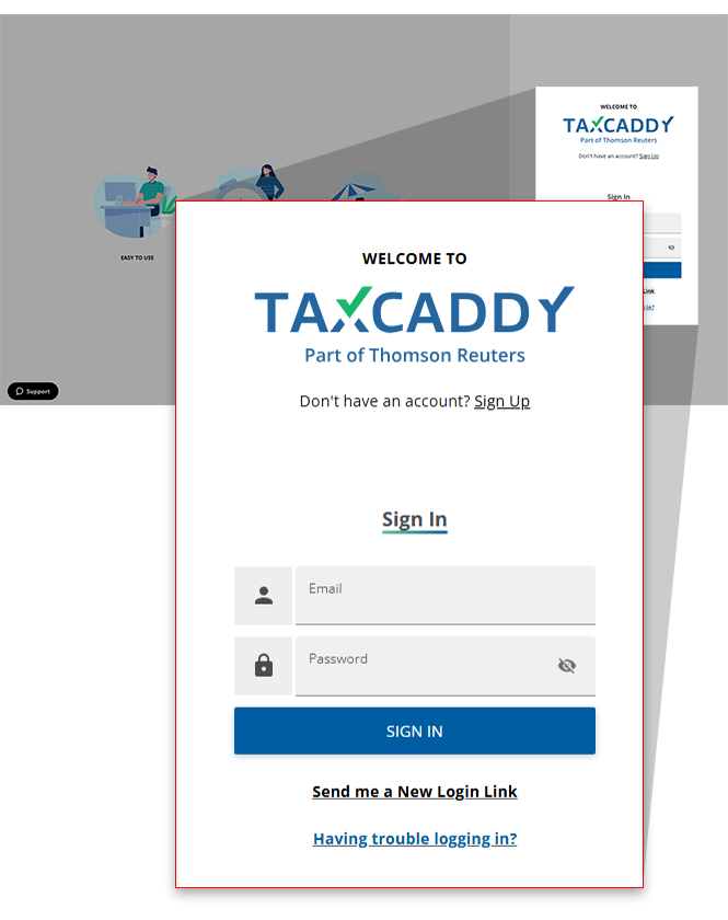 TaxCaddy Sign in screen