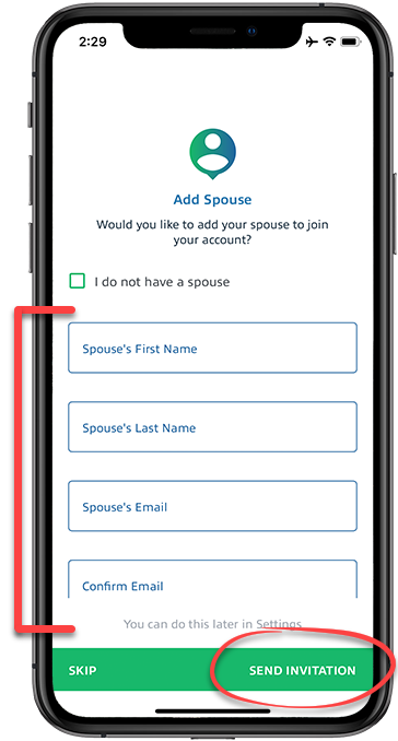 Add the spousal information and select SEND INVITATION