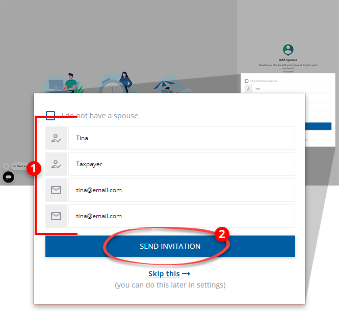 Enter spousal information then select SEND INVITATION