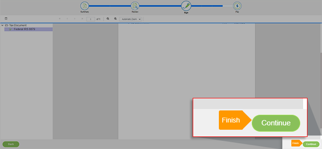 Select Continue next to the Finish tag