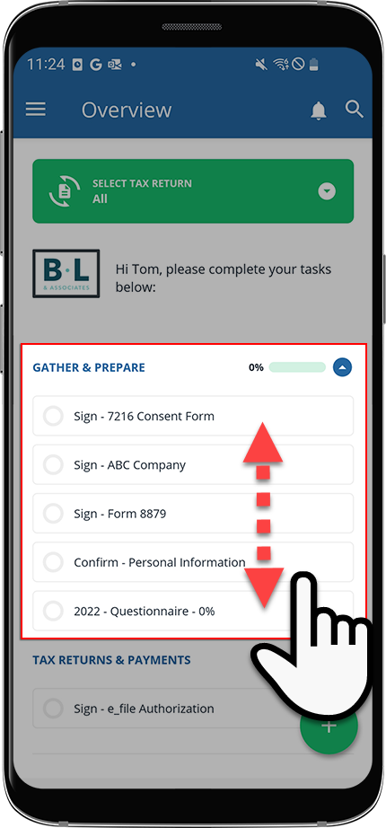Populated task list once the connection request is accepted
