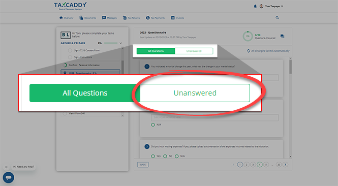 Select the Unanswered toggle to only view unanswered questions
