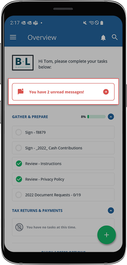 Unread message banner on the Overview screen