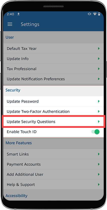 Select Update Security Questions
