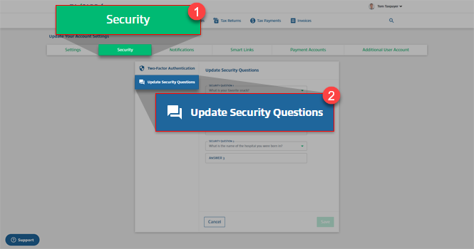 Select Security then Update Security Questions