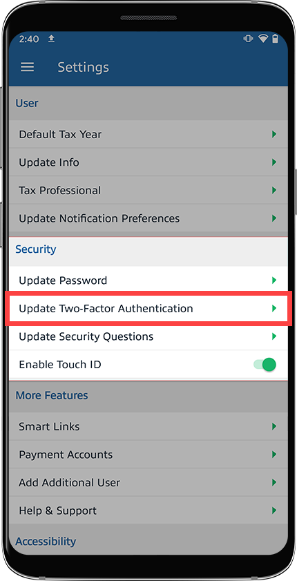 Select Update Two-Factor Authentication
