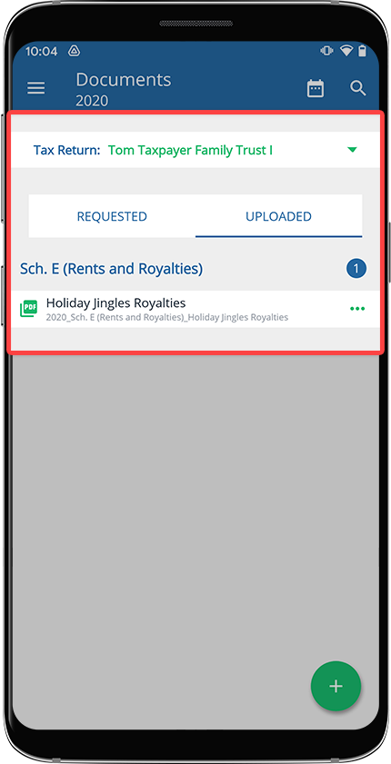 Selected tax return appearing in the Tax Return dropdown