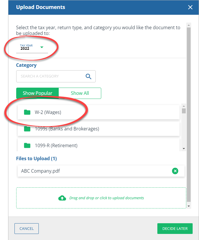 Upload Documents window
