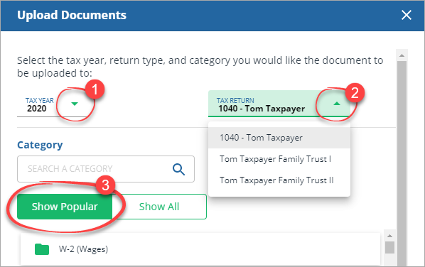 Select a tax year, tax return, and category