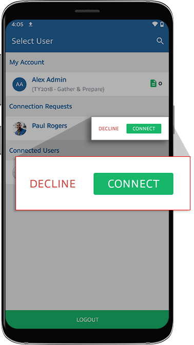 Connection Request on the "Select User" screen