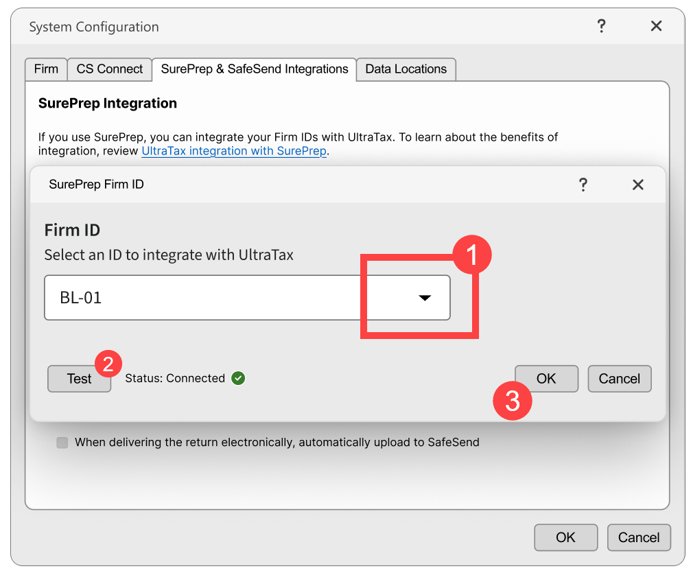 On the SurePrep Firm ID window, select Firm ID from the drop down menu then hit the OK button