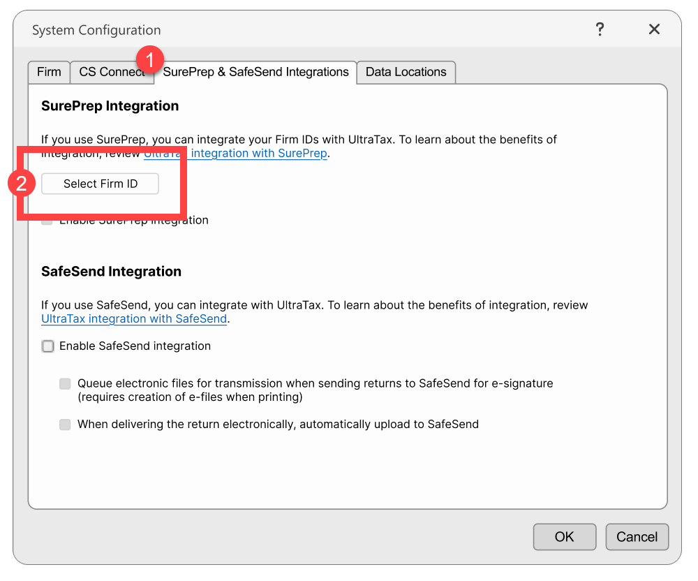 SurePrep and SafeSend Integrations tab is active and the select Firm ID button is highlighted