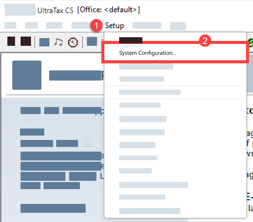 UltraTax menu with Setup selected then System Configuration in the drop-down menu