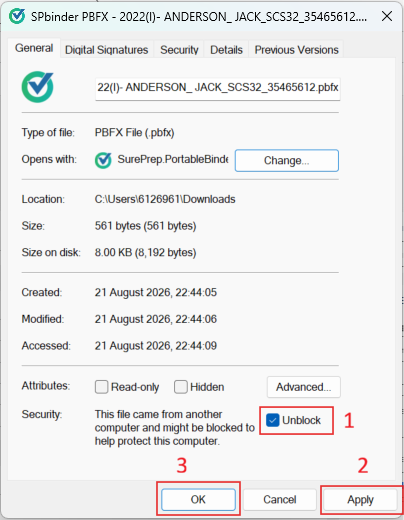 SPbinder PBFX window with the Unblock checkbox selected.