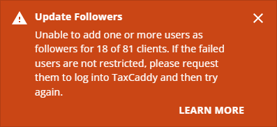 Notification that some of the clients could not be updated.