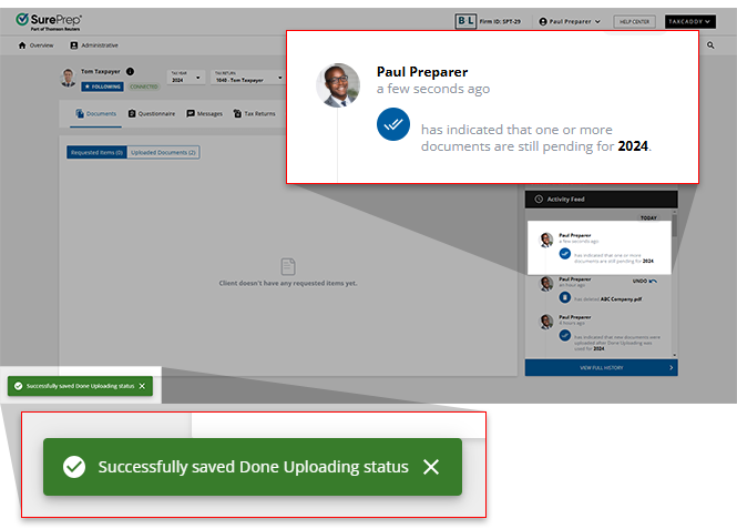 Updated status in Activity Feed and success notification.
