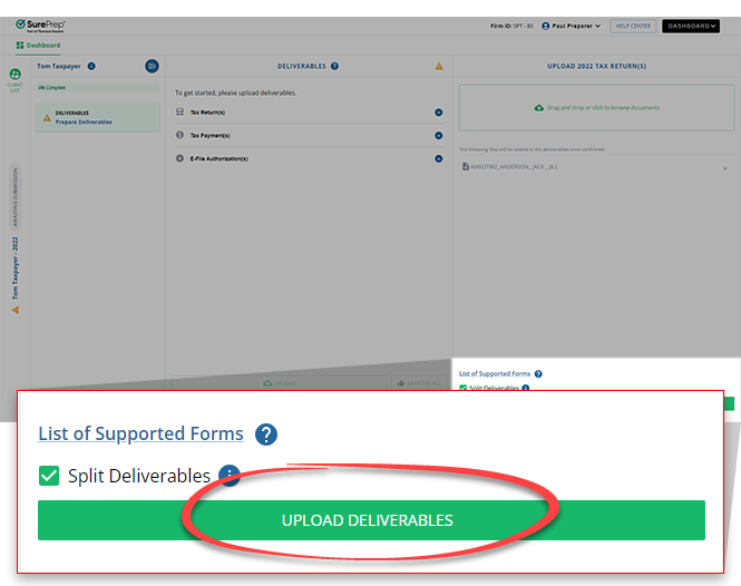Select UPLOAD DELIVERABLES.