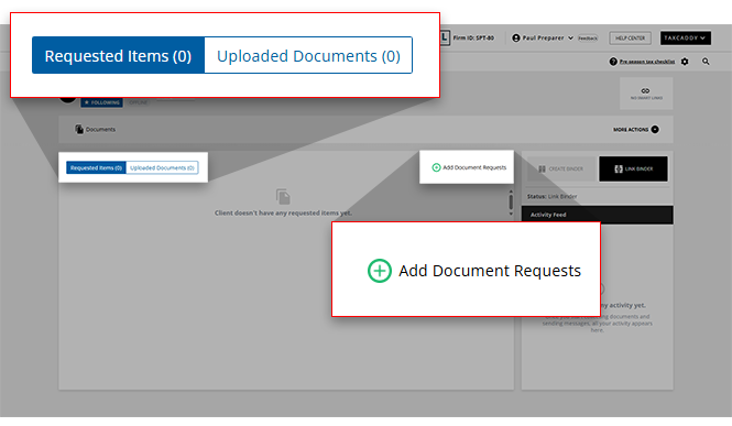 Upload documents and add document requests in client profiles.
