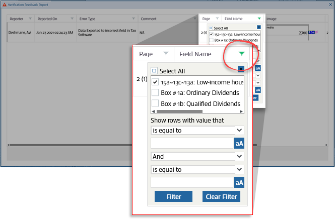 Sort icon in the Verification Feedback Report icon