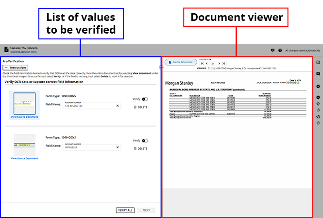 View of values in the document viewer