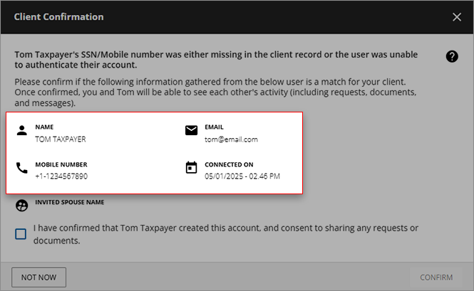 Client's information to confirm.