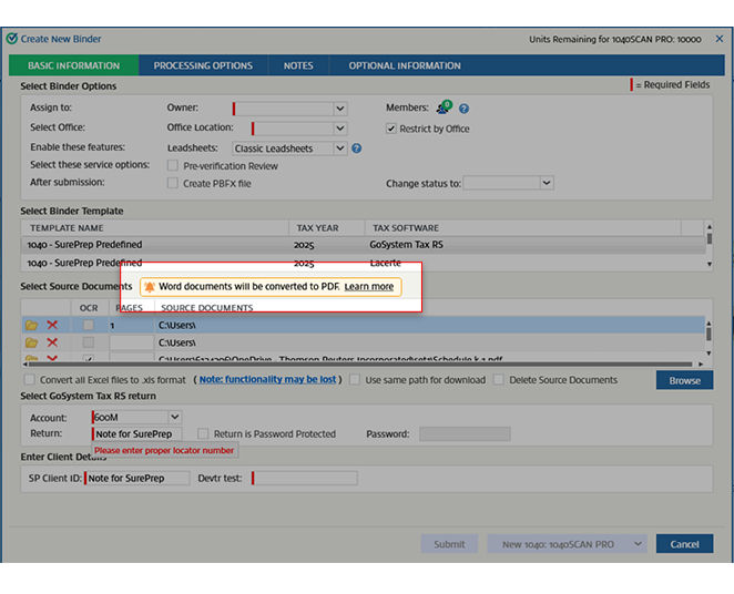 Notification that Word documents will be converted to a PDF