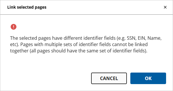Notification that the pages cannot be linked due to identifier fields