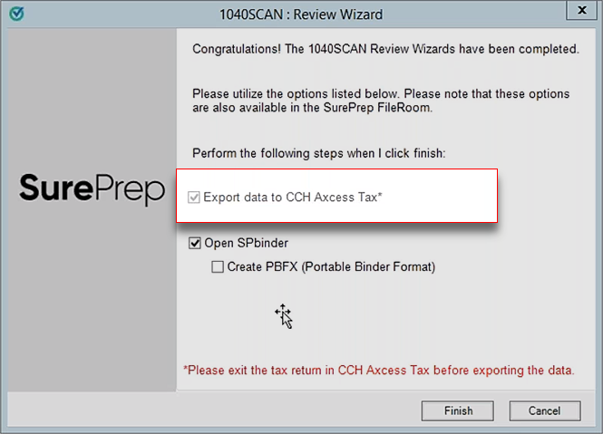 "Export data to (GoSystem Tax RS / CCH Axcess Tax RS)" checkbox selected.