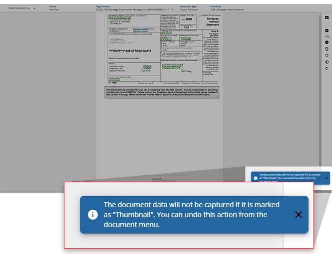 Notification that the document has been marked as a Thumbnail