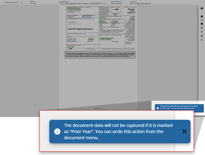 Notification that the document's data will not be captured.