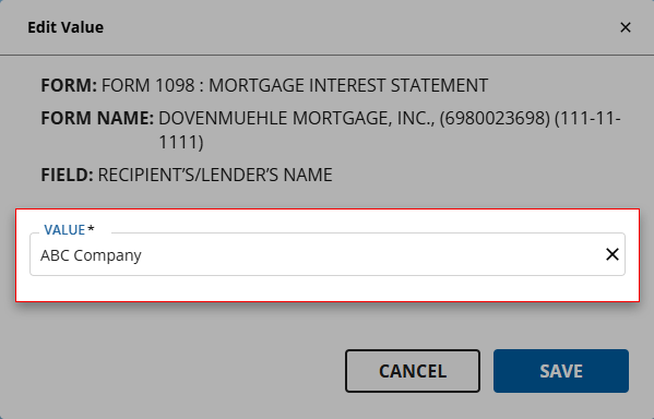 VALUE dropdown in the Edit Value window