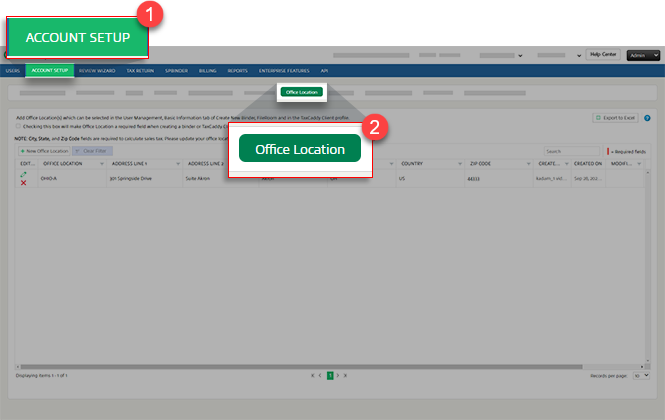 Select ACCOUNT SETUP, then Office Location.
