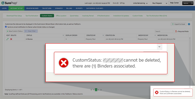 Notification that the custom status cannot be deleted.