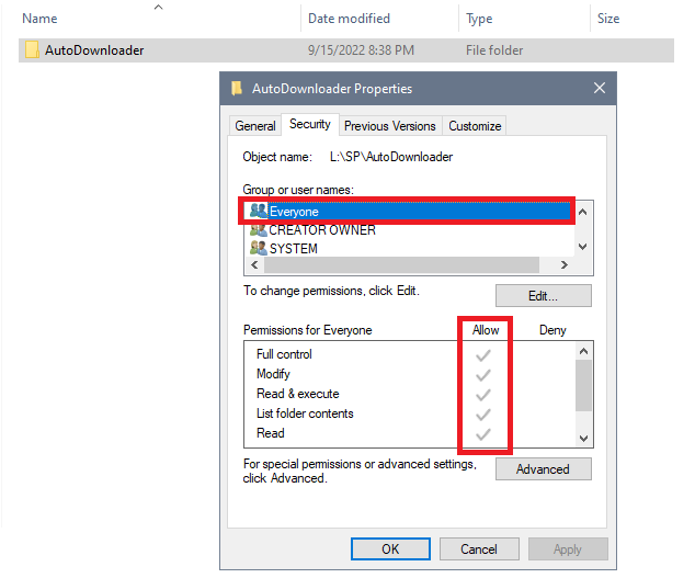 Select the permissions and users for permissions