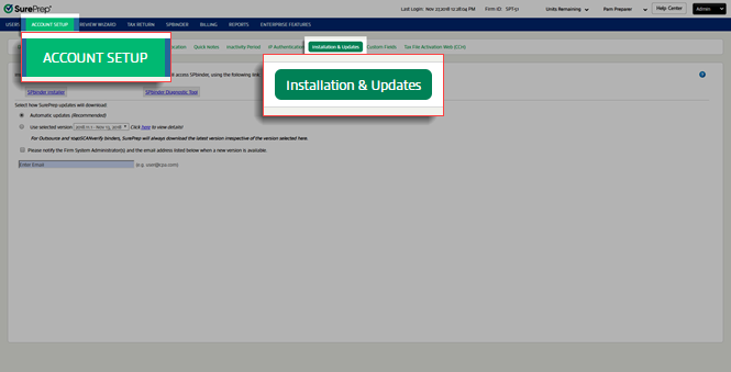 Select FileRoom, Admin, Account Setup, then Installation & Updates