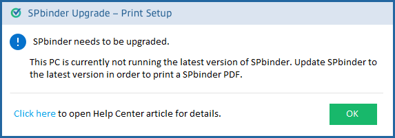 SPbinder Upgrade - Print Setup window